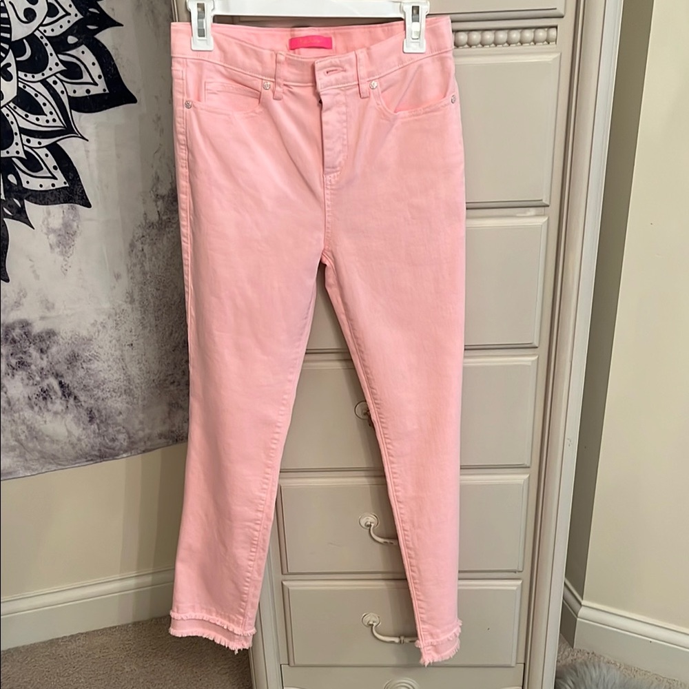 Lily Pulitzer Pastel Pink Ankle Cropped Jeans with Textured Fabric at bottom
